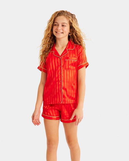 Girls 8-16 Satin Stripe Tailored Christmas Pjs Red Girls 8-16 Satin Stripe Tailored Christmas Pjs Red