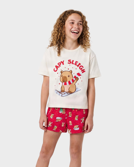 Girls 8-16 Cotton Christmas Capybara Pj Set Girls 8-16 Cotton Christmas Capybara Pj Set