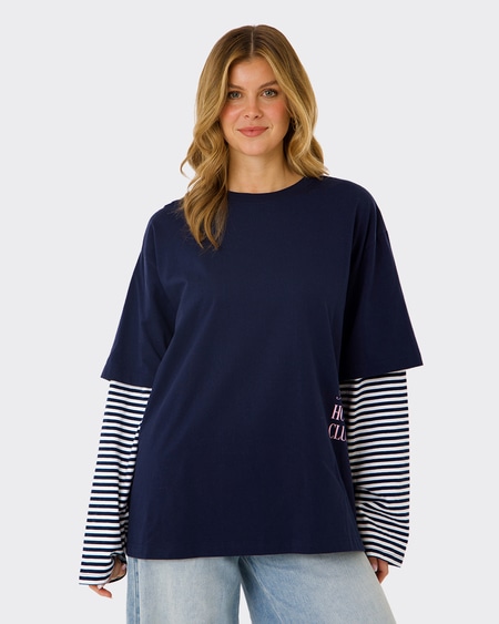 Womens Double Layer Long Sleeve Stripe Tee Womens Double Layer Long Sleeve Stripe Tee
